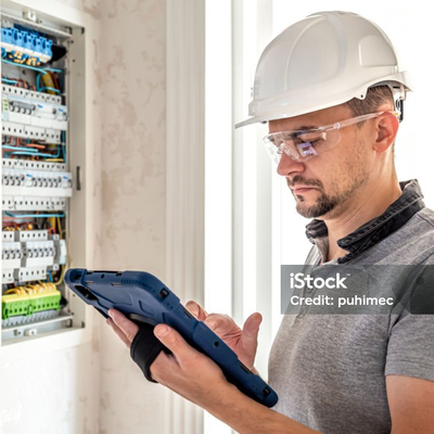 Elektriker prüft mit einem Tablet einen geöffneten Zählerschrank